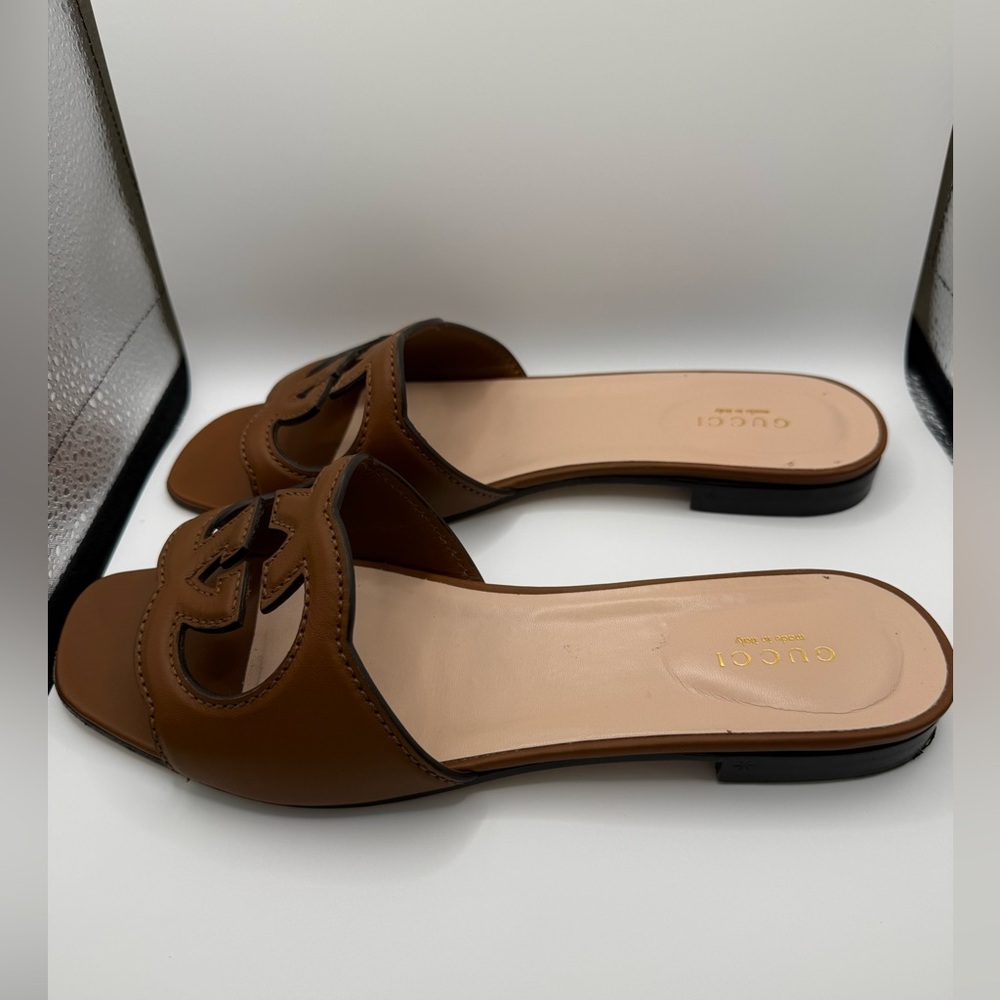 Gucci Brown Leather Interlocking G Slide Sandals - Picture 3 of 6
